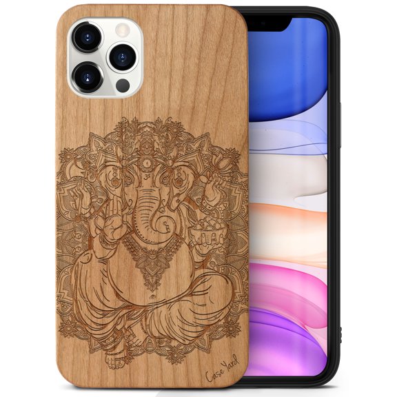 Case Yard Wooden Case Outside Soft TPU Silicone, Slim Fit Shockproof Wood Protective Phone Cover for Girls Boys Men and Women, Supports Wireless Charging Elephant God Design case for iPhone-11-Pro