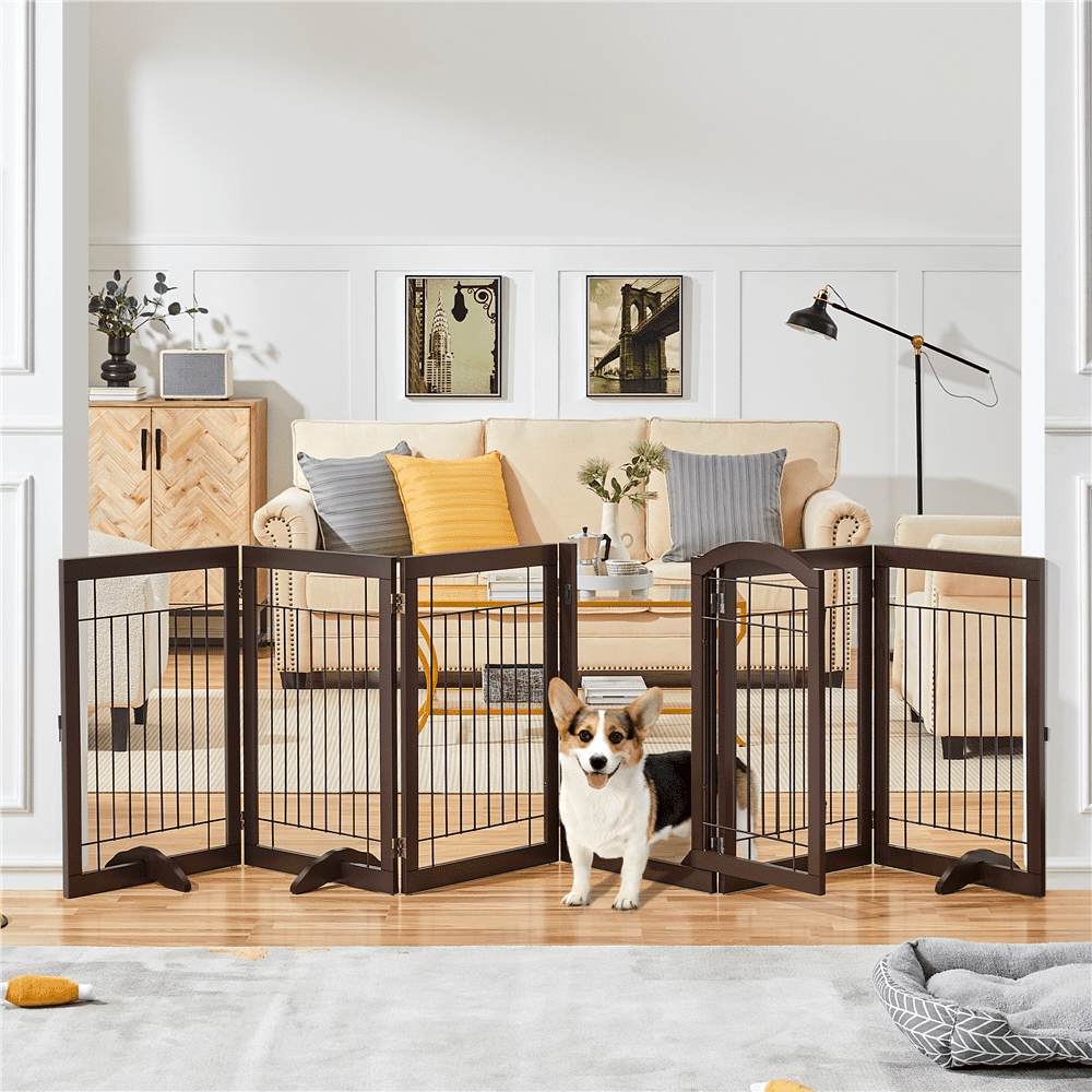 Alden Design 32.5" Tall Foldable Pet Gate with 3 Support Feet, Espresso