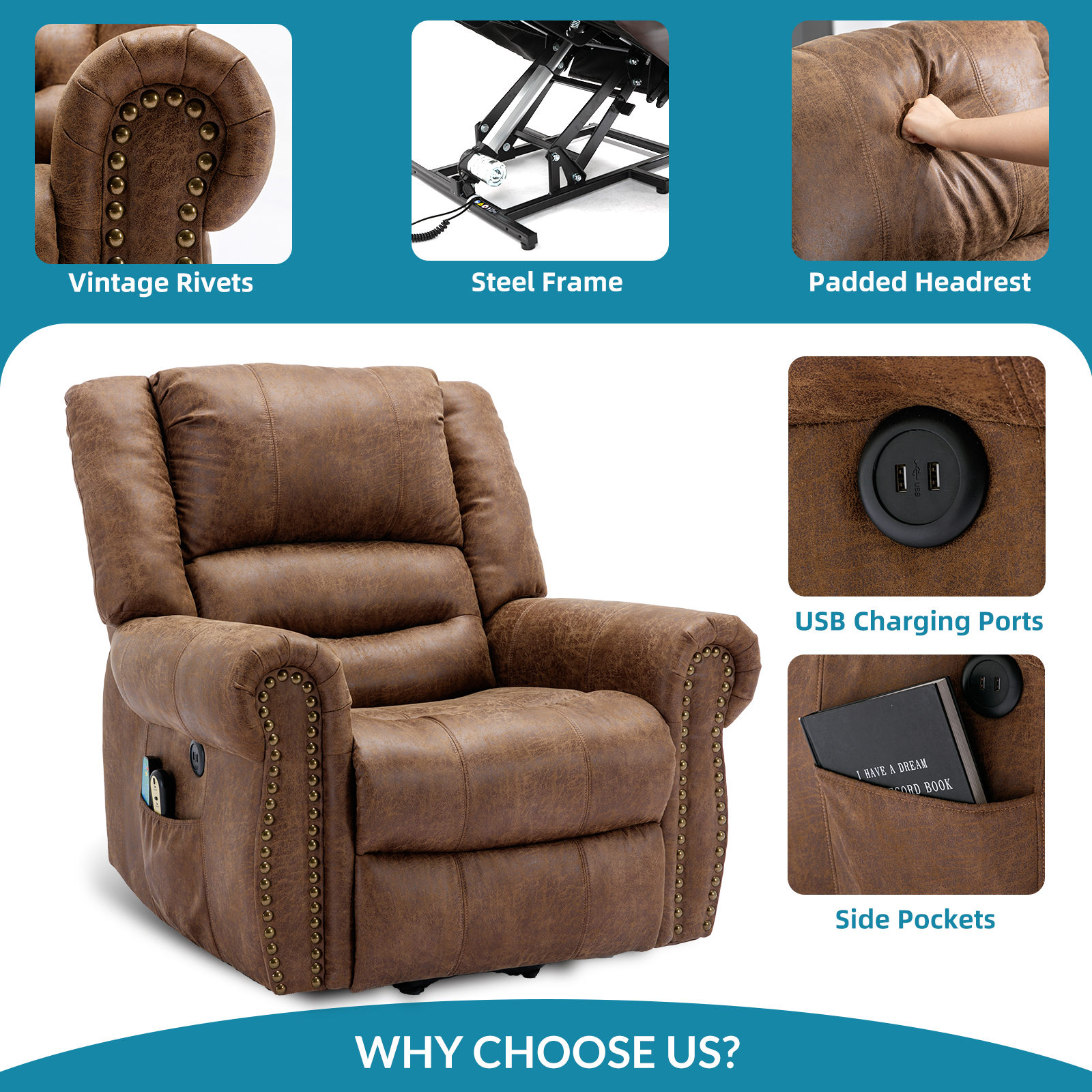 OUINCH Electric Power Lift Recliner Chair with Massage and Heat for Elderly, 2 Remote Controls, 2 Side Pockets, and USB Ports (Brown)