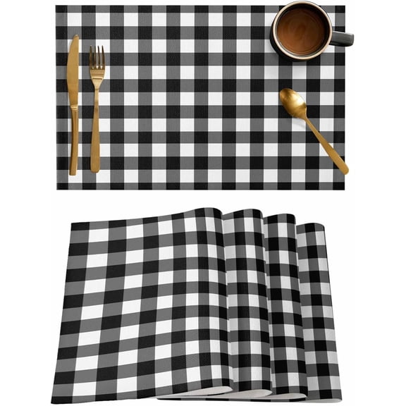 Placemats Set of 6, Black White Buffalo Plaid Place Mats Pastoral Checked Tablemats Washable Placemat Table Decoration for Kitchen Table Dinner Party Home Decor Indoor Outdoor 12x18 Inch