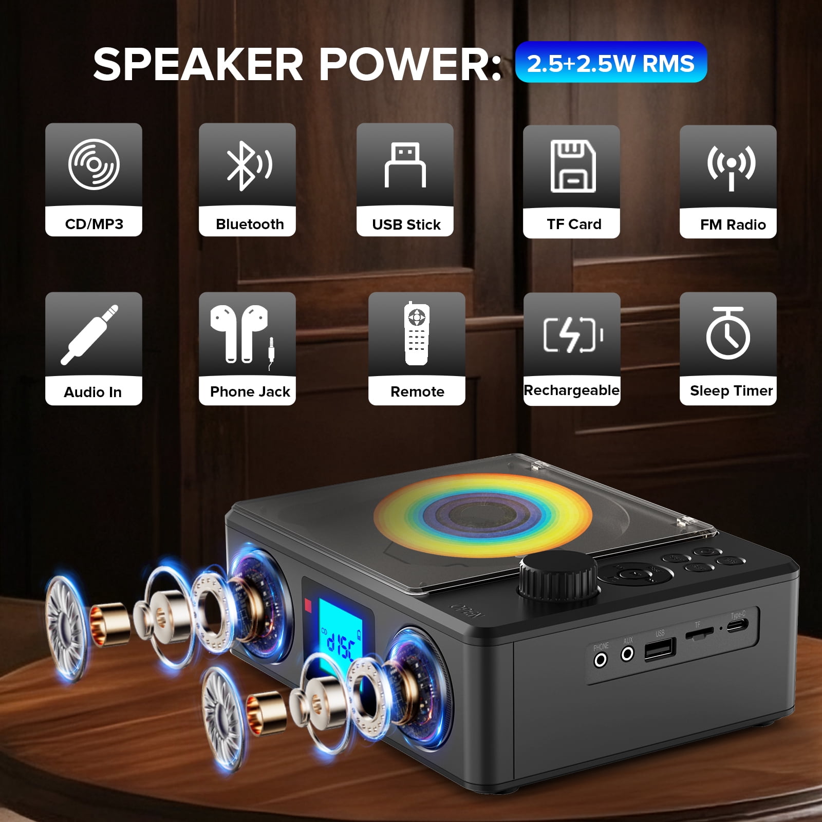 Portable CD Player with Speakers: Rechargeable Bluetooth CD FM Radio with Remote - MP3/USB/TF playable with Stereo Sound - Sleep Timer/LCD Display/Earphone Jack - Music Lover/Nostalgia Gift