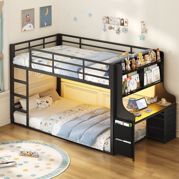 Twin Size Bunk Bed With Desk, Bookshelf,3 Storage Drawers, Metal Floor Bunk Bed Twin Over Twin With Led Lights & Charging Station, 13.4" Guardrail & Ladder, Small Space,Black