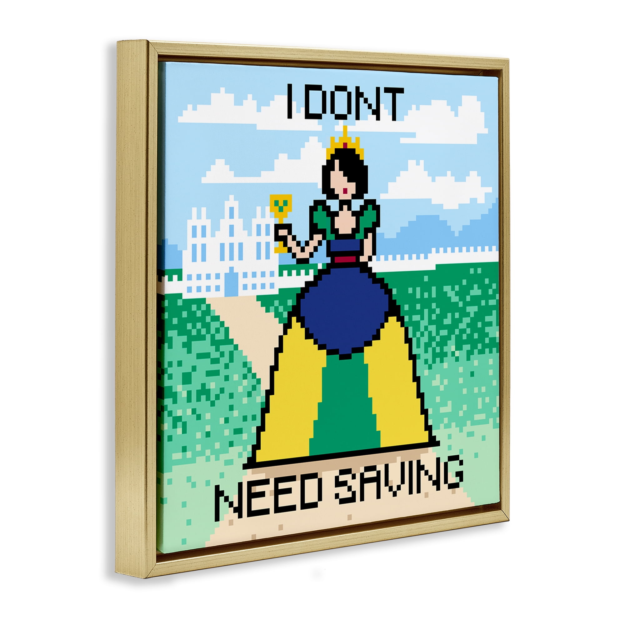 Stupell Industries Don't Need Saving Pixel Princess People Painting Gold Floater Framed Canvas Art Print Wall Art, 25 x 25