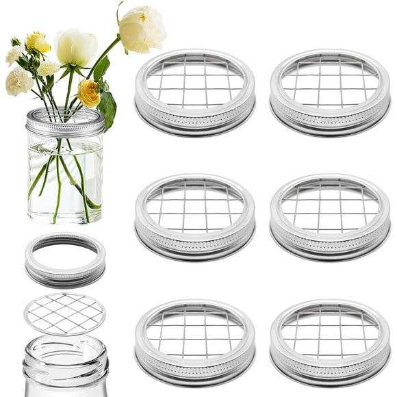 Queilt Metal Flower Pot Lid - Frog Lid - Canning Jar Lid - Bouquet Lid - Easy Flower Arrangement (6 Rings & Separate Lids)