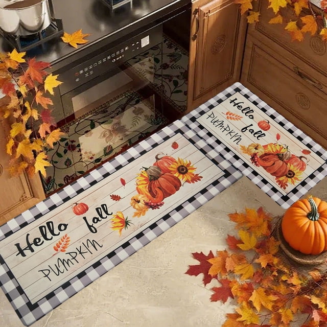 Juego de Tapetes de Otoño con Calabaza y Hoja de Arce | Decoración para Halloween y Acción de Gracias | Alfombra de 2 Piezas para Baño, Cocina o Porche | Tapete Antideslizante para Entrada | Poliéste