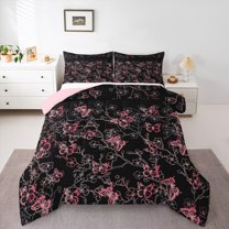 Manfei Pink Butterfly Print Queen Comforter Set, Romantic Blossoms Flower Bedding Comforter Set, Vintage French Style Reversible Bedding Set, Lightweight Room Decor, 3-Piece