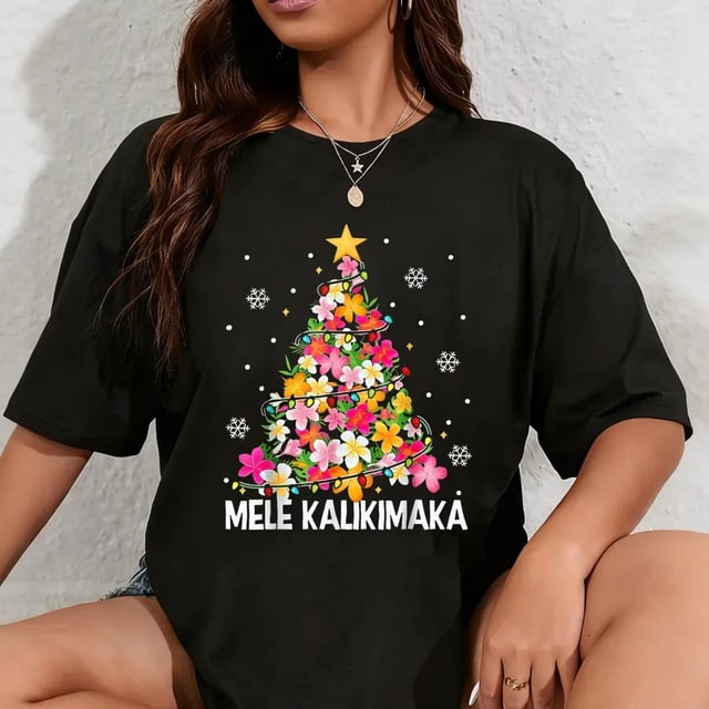 Playera de Mujer 100% Algodón con Estampado Tropical Navideño Mele Kalikimaka