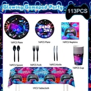 Video Game Birthday Decorations Tableware,113Pcs Game On Birthday Party Tableware Set-Video Game Birthday Plates Napkins Cups Tablecloth etc Glowing Game Party Tableware for Video Game Party Supplies