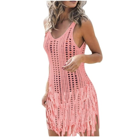 Lovskoo 2024 Beach Swimsuit Cover Up Women Crochet Bikini Coverups Sleeveless Solid Color V Neck Loose Bikini Bathing Suit Swimwear Tassel Dress Pink 2XL