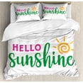 thumbnail image 1 of Hello Sunshine Duvet Cover Set King Size, Simplistic Minimalist Words with Swirled Line Sun Design Summertime, Decorative 3 Piece Bedding Set with 2 Pillow Shams, Pink Green Orange, by Ambesonne, 1 of 3