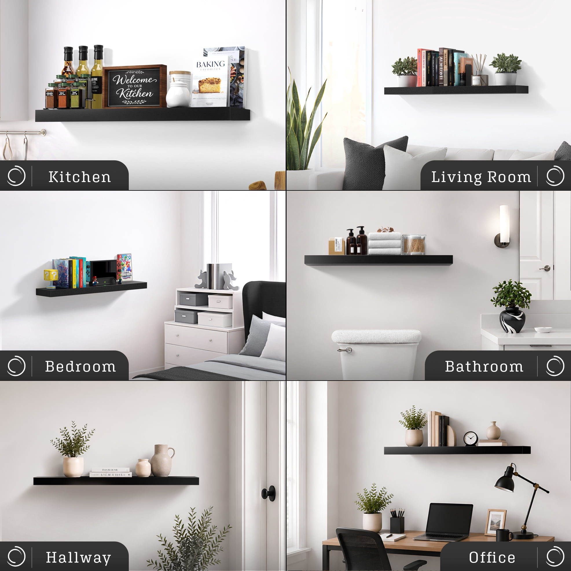 Sorbus 35" Floating Wall Shelf, Black, Invisible Brackets, Bathroom, Bedroom & Home Décor