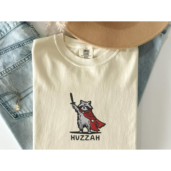 Huzzah Raccoon with Sword Embroidered T-Shirt: Medieval Trash Panda, Funny DnD Gift Tee, Renaissance Faire