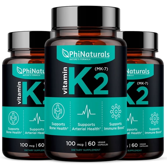 Vitamin K2 Mk7 100 mcg Vegan 60 Capsules by PhiNaturals - 3 Pack - Bone Health Heart Cardiovascular Arteries - Vit k-2 MK-7 100mcg Supplement from Natto
