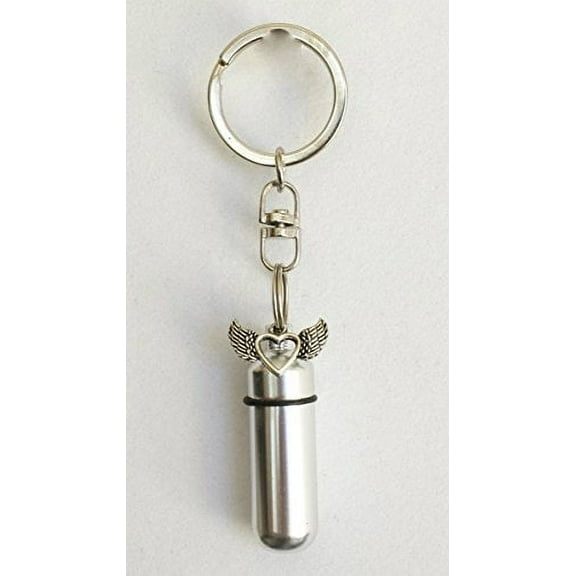 Winged Open Heart CREMATION URN Keepsake LASER ENGRAVED HEART - on Swivel Stainless Steel Keychain with Velvet Pouch & Fill Kit