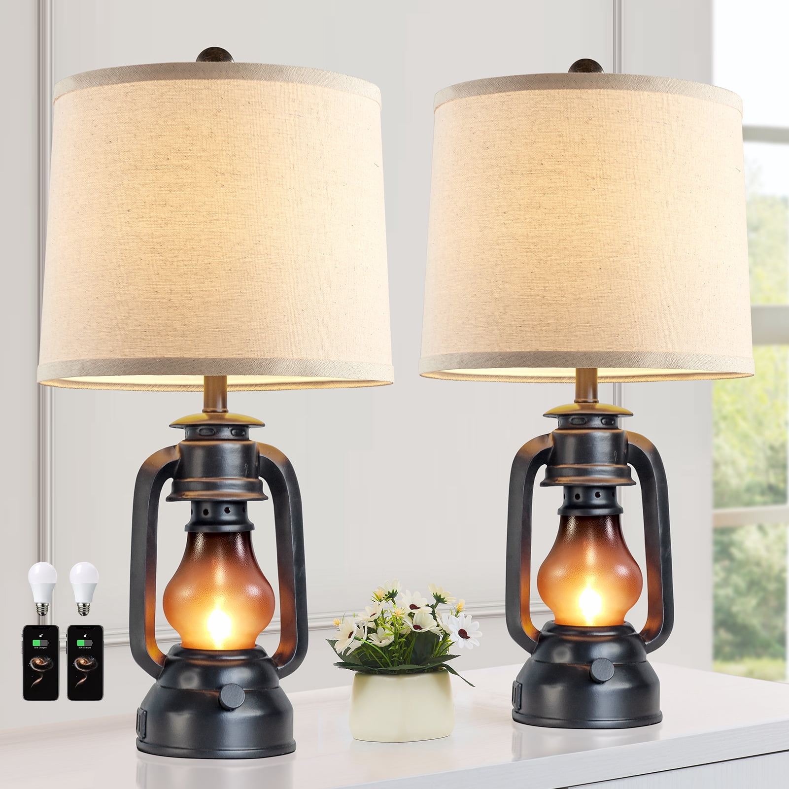 JUJUYUYOP 22" Farmhouse Lantern Table Lamp Set of Two with Dual USB Charging Ports, Suitable for Living Room or Bedroom, Includes 4 Bulbs