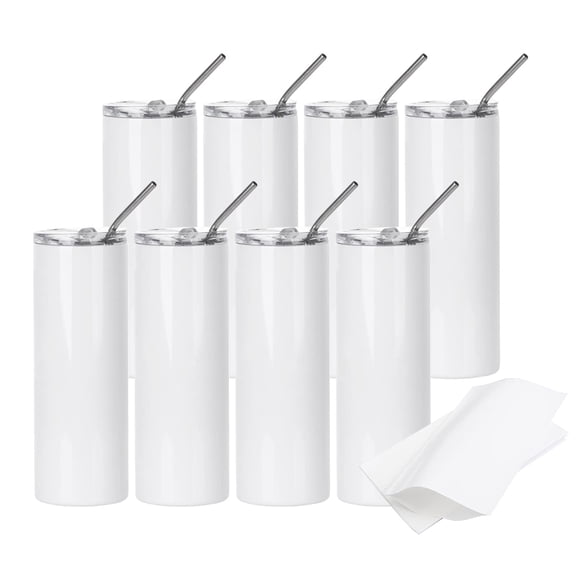 PYD Life Lot de 8 Gobelets de Sublimation Vierges 20 OZ Blancs Fins Droits en Acier Inoxydable avec 10 Pcs Film Rétractable pour
