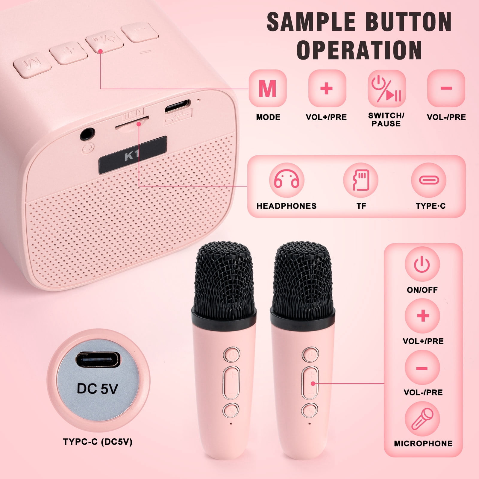 Mini Karaoke Machine, Portable Bluetooth Karaoke Singing Speaker with 2 Wireless Microphones for Kids Adults, Birthday Gift for Girls Boys Family Party
