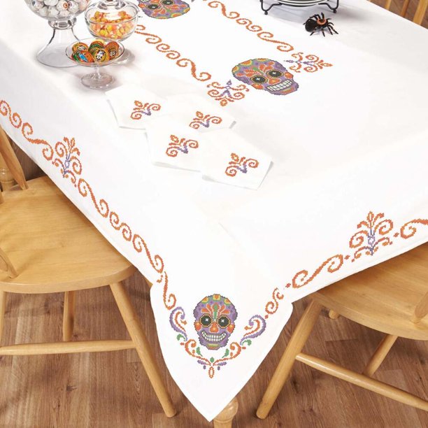 Herrschners Sugar Skull Table Linens Stamped CrossStitch