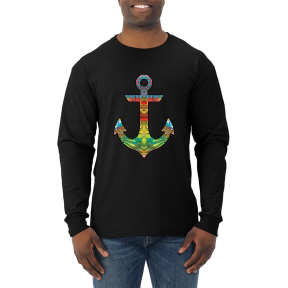 Trippy Mandala Nautical Colorful Mosaic Anchor | Mens Fashion Long Sleeve T-Shirt, Black, Small