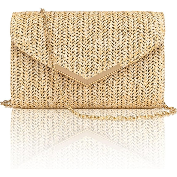 Straw Purse for Women, Summer Woven Beach Purse Trendy with Chain Strap, Boho Envelope Evening Clutch Handbag, Brown Crossbody Shoulder Party Bag for Wedding, Prom, Cocktail Night, Vacation