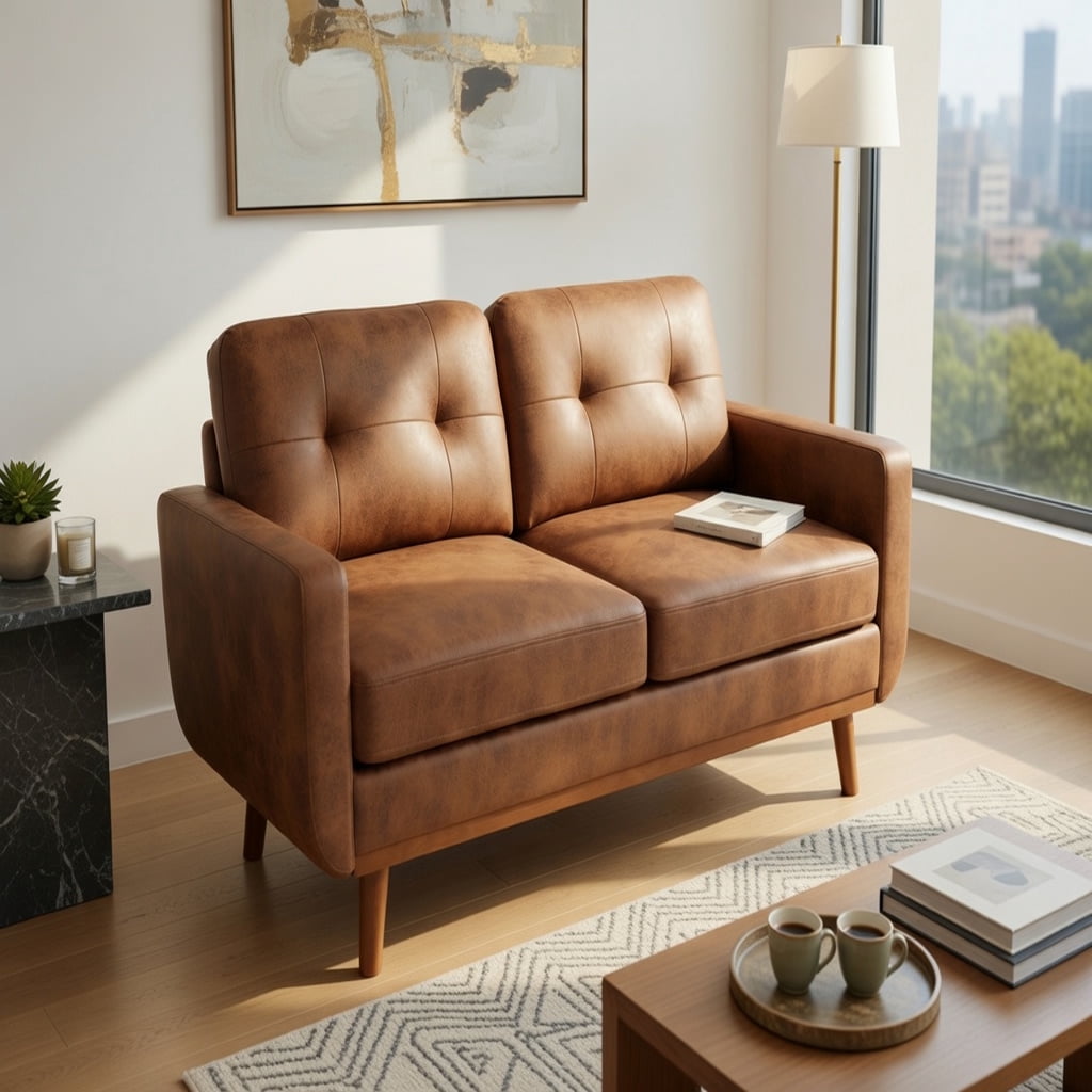 Hommoo 65" Mid-Century Modern Two-Seater Sofa, Breathable Polyester Fabric, Solid Wood Legs, Easy Assembly, Diamond-Quilted Back Support, Light Brown