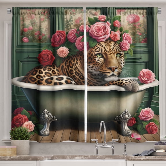Ambesonne Leopard Kitchen Curtains, English Roses Wild Animal, 55"x36", Reseda Green and Pink