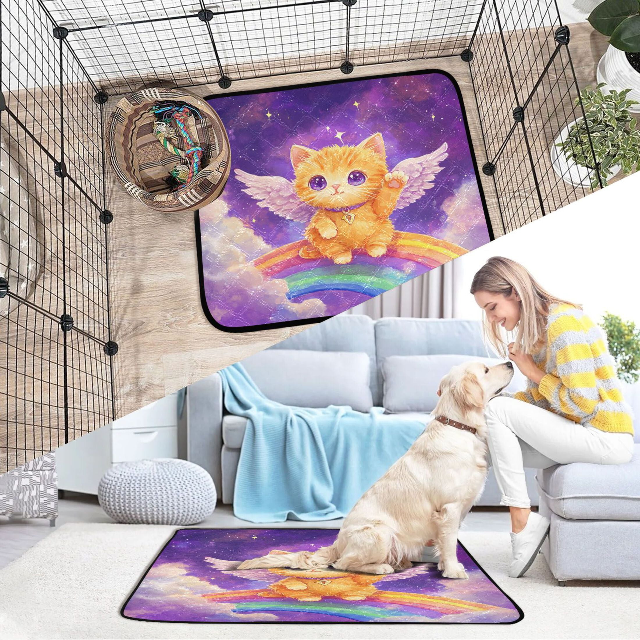 Qxltty Rainbow Angel Cat Cat litter Pads Pet Set of 3 Diaper Mats Center Anti-leakage Layer Absorbent Soft and Comfortable