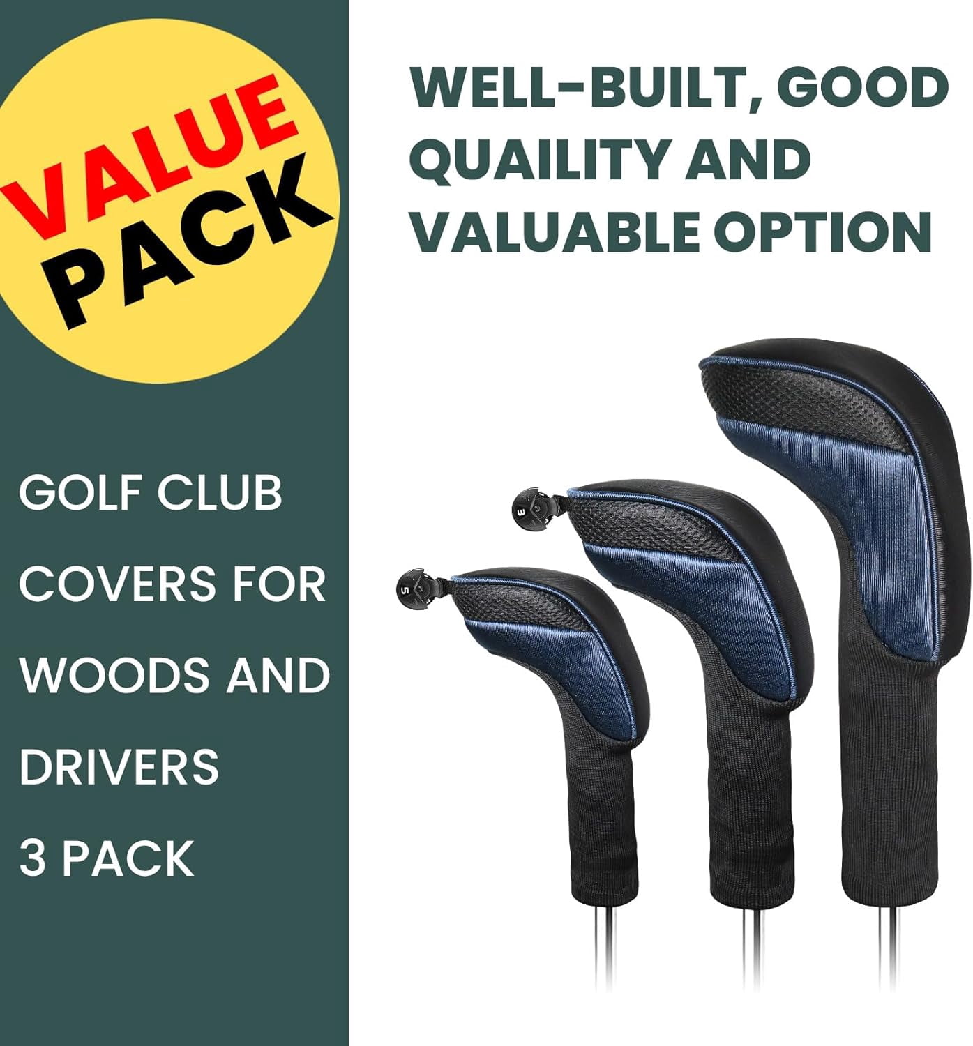 FINGER TEN Golf Club Head Covers for Woods Long Cover Driver Hybrid Fairway, Headcovers with Interchangeable No. Tag Novelty Durable Fit Woods Clubs