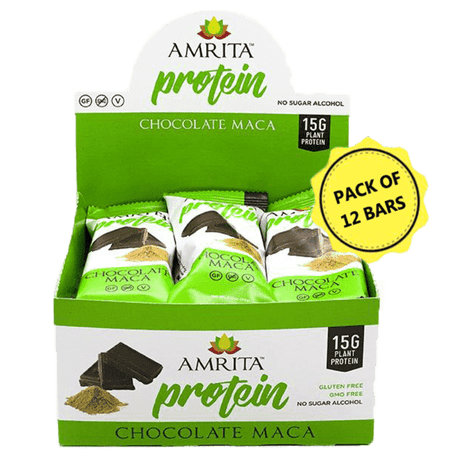 Amrita Foods - Chocolate Maca High Protein Bar, Pack of 12 bars, 15g of Protein, High Fiber, Vegan, Keto Friendly, Gluten Free, Non GMO, Dedicated Top 8 Allergen Manufacturer