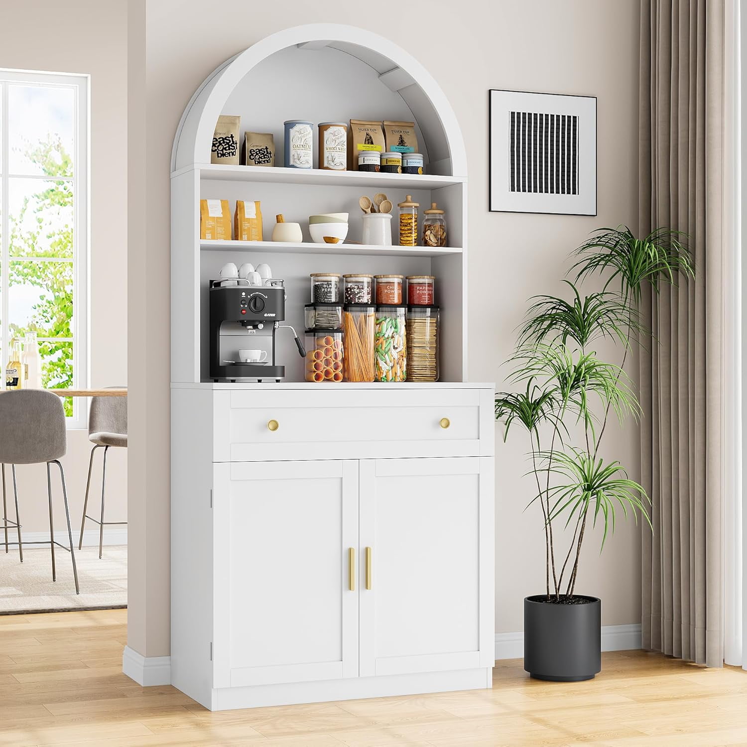 Pipleo 71" Tall Arched Kitchen Pantry Cabinet, Modern Kitchen Storage Cabinets with Hidden Drawer and Spacious Countertop, Wooden Storage Pantry Cabinet for Living Room, Dining Room