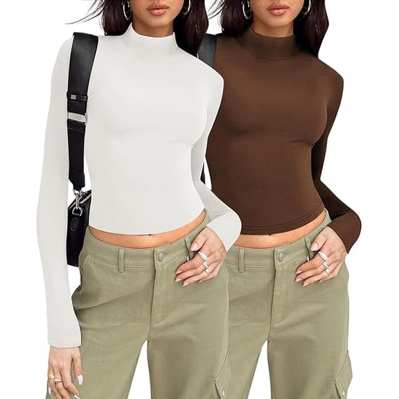Zeagoo Womens 2 Packs Long Sleeve T-Shirts Mock Neck Turtleneck Slim Fitted Basic Crop Tops