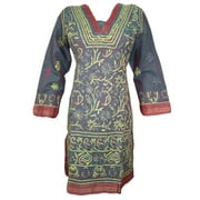 Mogul Women's Indian Kurta Tunic Floral Embroidered Cotton Caftan Dress