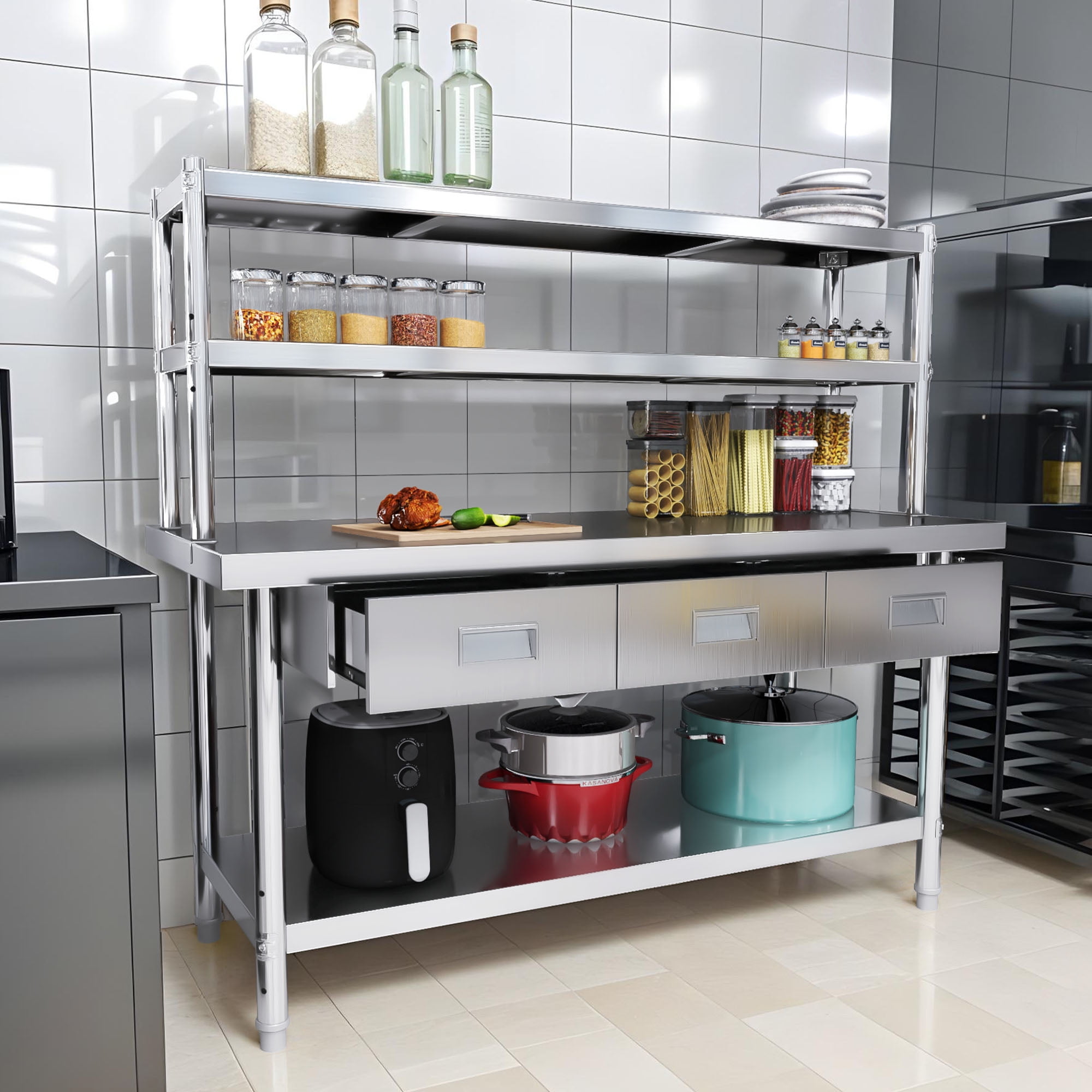 Uforic 60" X 24" Stainless Steel Table with Overshelves and 3 Drawers, Work Table with 72" X 12" Shelf & 3 Drawers, Metal Table Prep Table