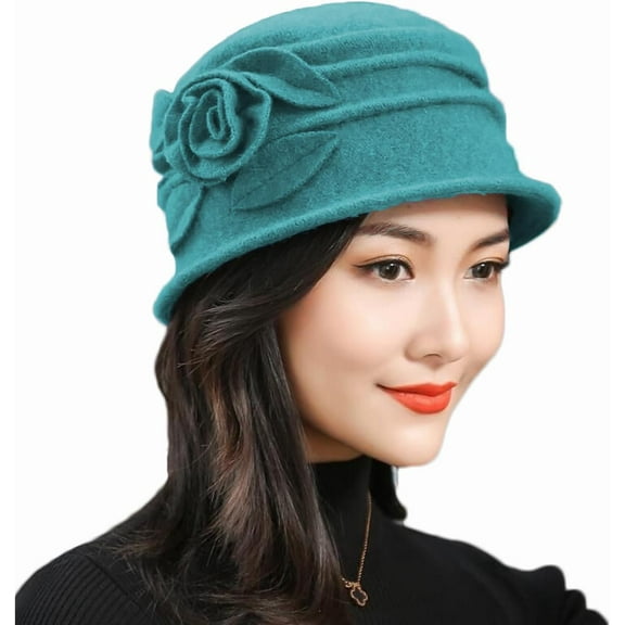 CoCoMangos Vintage Floral Wool Dress Cloche Hats for Women 1920s Flower Accent Solid Winter Hat Church Party Fedora Bucket Hat