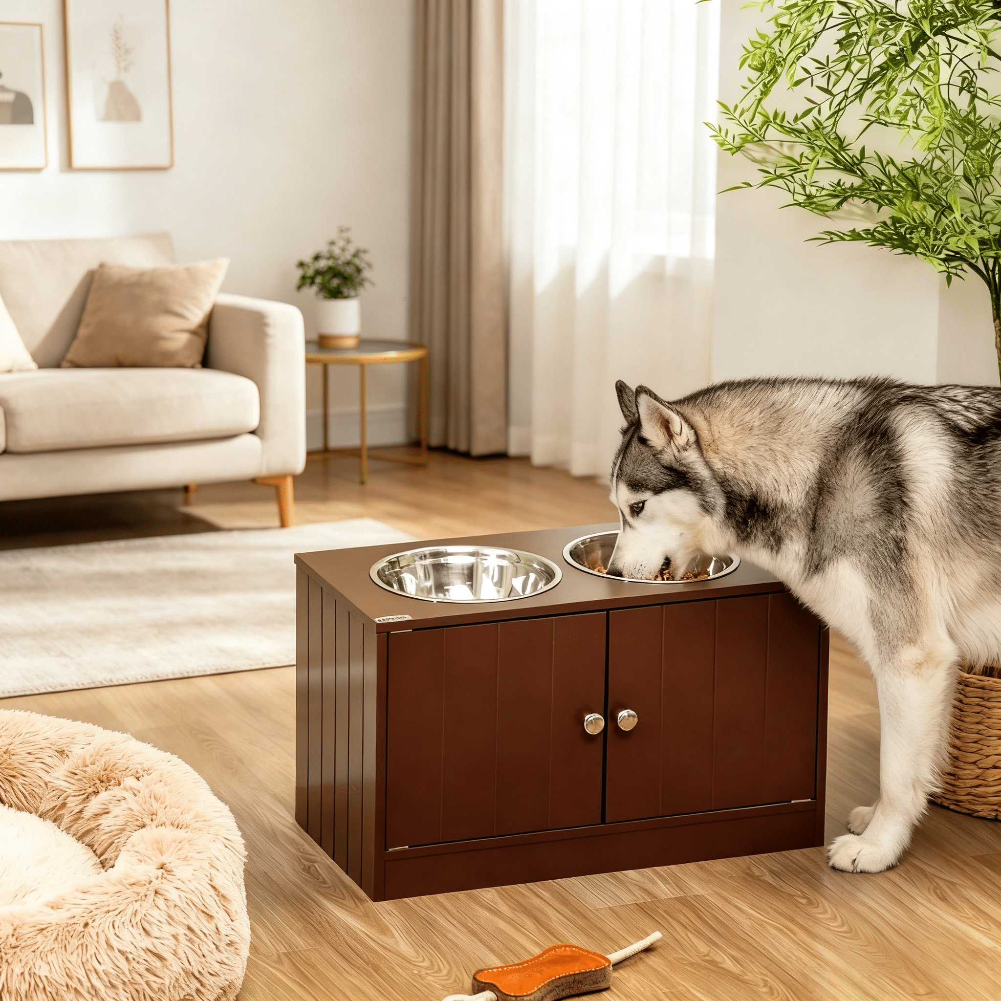 Elevated Dog Bowls with Storage Cabinet, Raised Pet Feeder Stand with Magnetic Doors, Dishwasher-Safe Stainless Steel Bowls for Large Dogs