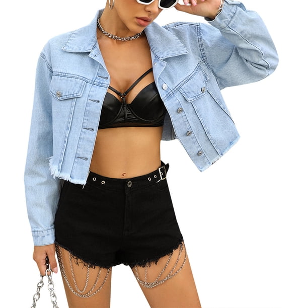 Txlixc Chaqueta de vaquero corta para mujeres, manga larga casual para adultos, dobladillo desgastado y solapa Txlixc moda
