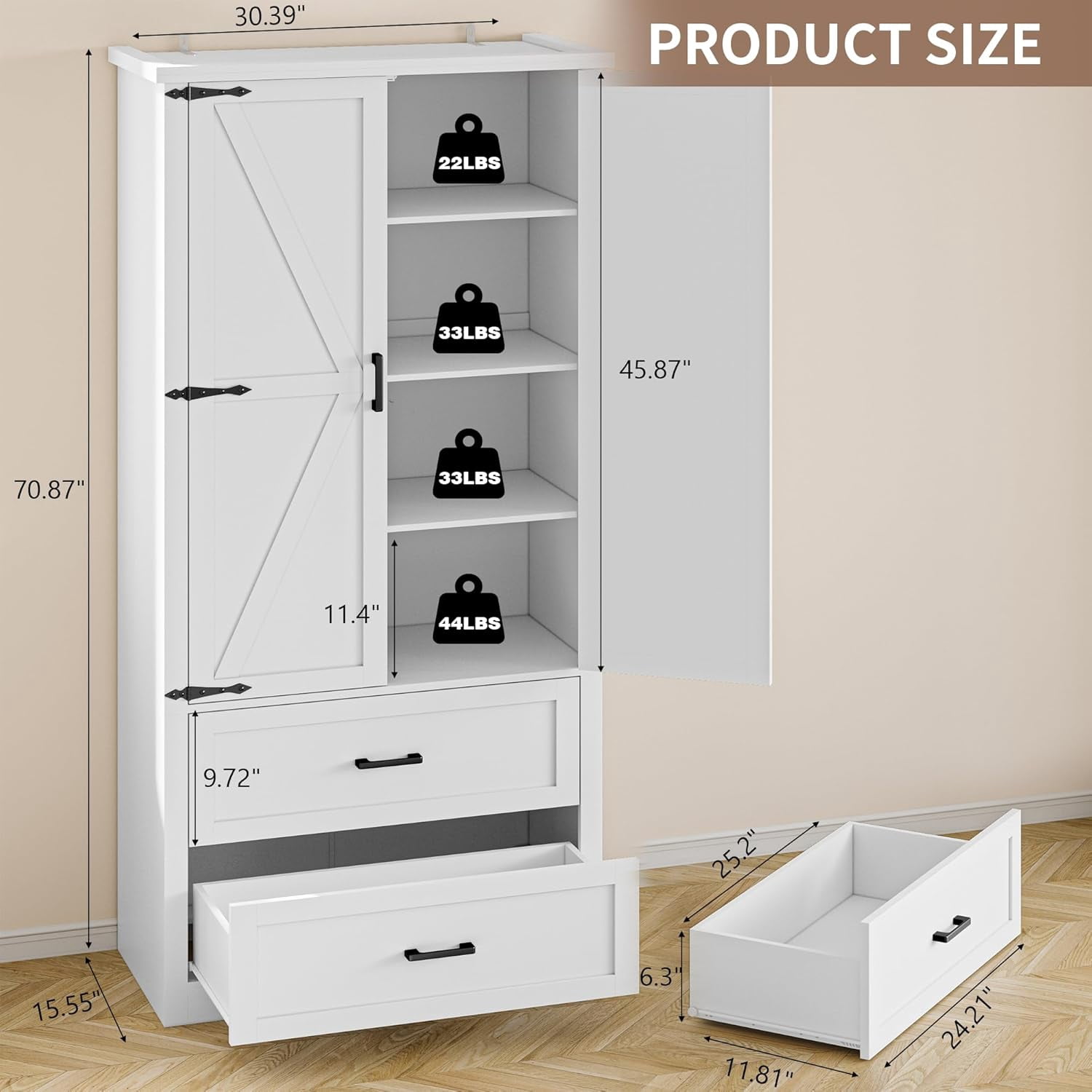 FANRAL 71” Tall Pantry Organizers and Storage Cabinet with Barn Doors & Drawers,Adjustable Shelf for Kitchen Dining Room Living Room Bathroom Office,White Pantry Cabinet