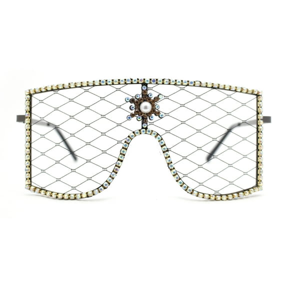 Womens Rhinestone Shield Lace Mesh Lens Luxury Metal Rim Sunglasses Black Brown