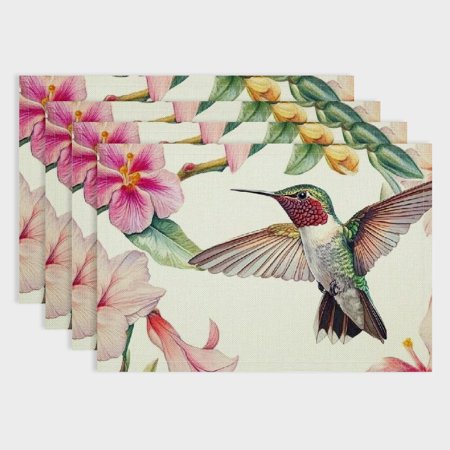 

Pratyus 4pcs Hummingbird Flowers Branch Indoor Outdoor Linen Table Placemat Set for Elegant Dining Heat-Resistant Table Mats for Parties and Home Decor 18x12in