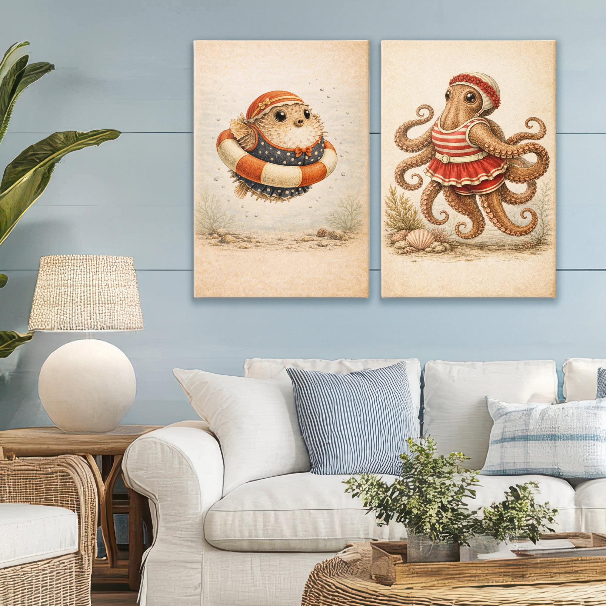 Stupell Industries Vintage Maritime Bathing Creatures 2 Piece Canvas Wall Art Set, design by Grotto Studios
