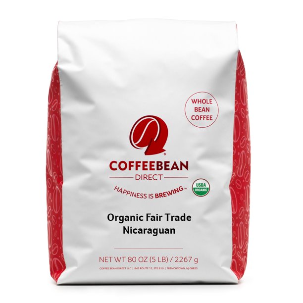 Coffee Bean Direct Organic Fair Trade Nicaraguan Whole Bean Coffee, 80