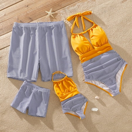 

PatPat Family Matching Pinstriped One Piece Bathing Suit Set Mommy and Me Halter Neck Tummy Control Ruched Padded Bra Suimsuit Father and Son Swim Trunks Shorts Swimwear