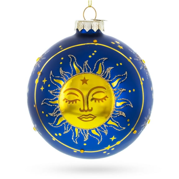 Blue Celestial Sun Face and Moon Glass Ball Christmas Ornament