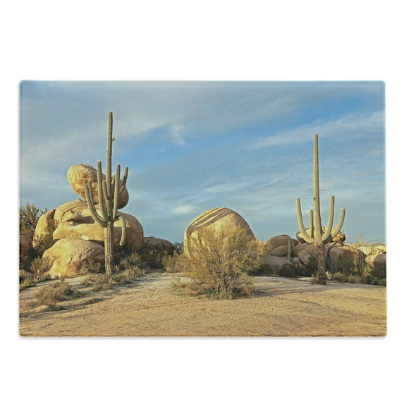 Cactus Cutting Board, Desert Scenery Saguaros and Boulders Catching the Day's Last Sunbeams, Decorative Tempered Glass Cutting and Serving Board, Large Size, Pale Blue Pale Brown, by Ambesonne