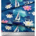 thumbnail image 3 of Soimoi Blue polyester Crepe Fabric Yacht & Lotus Flower Print Sewing Fabric BTY 42 Inch Wide, 3 of 3
