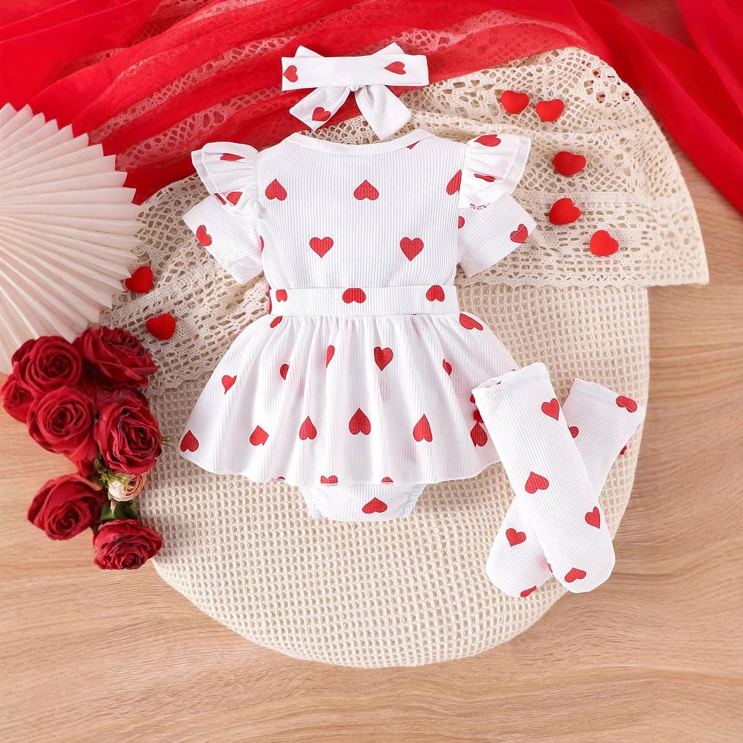 Baby Princess Bodysuit Dresses For Newborns Allover Heart Print Romper Infants Onesies With Socks Headband Baby Girl Clothes