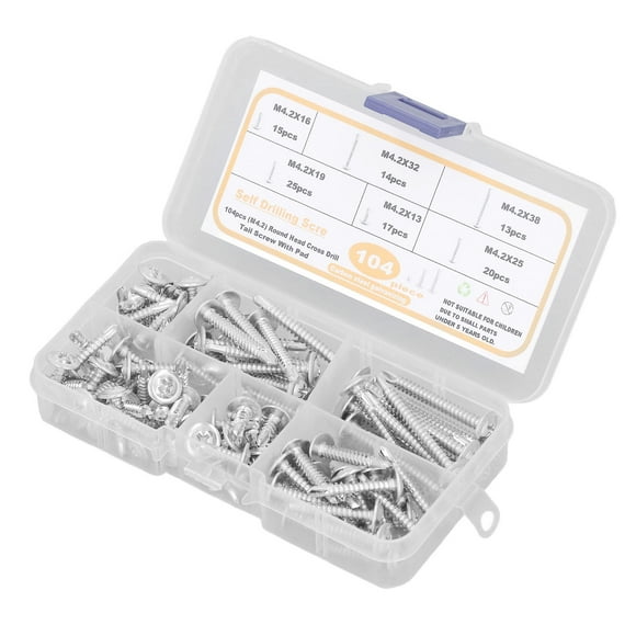 Self Drilling Screw, 104 Pcs Carbon Steel Round Head Self Drilling Screws M4.2 Rust Proof for Woodworking