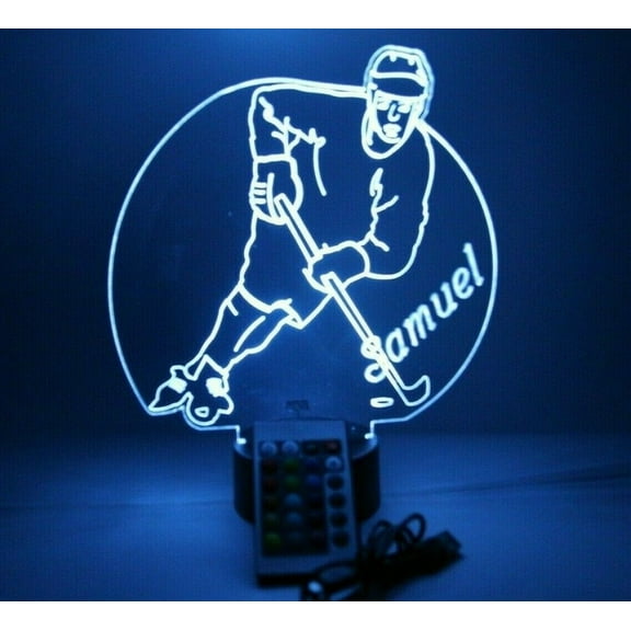 Night Light Up Desk Table Lamp LED Personalized Free Engraved Ice Hockey Player, Our Newest Feature, Most Popular, It's Wow, with Remote 16 Colors Energy Efficient, Great Gift