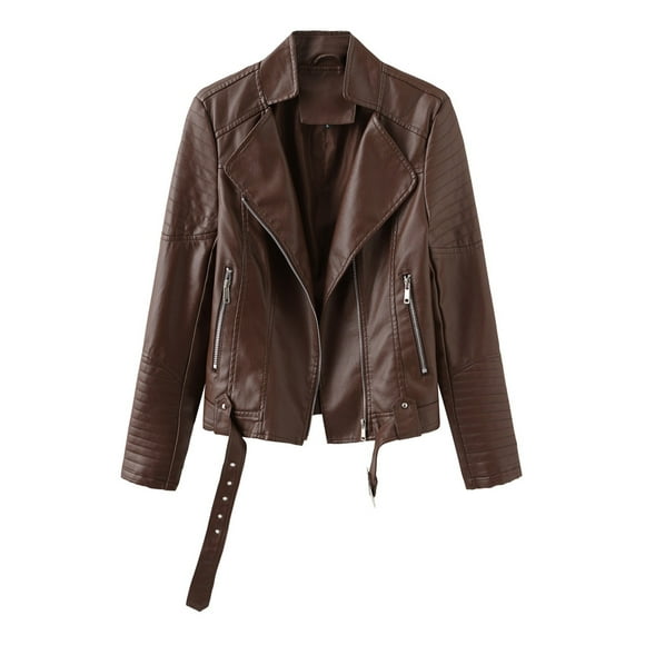 Yuyuzo Leather Jackets for Women Long Sleeve Lapel Neck Zip up Motorcycle Cropped Jackets with Pockets