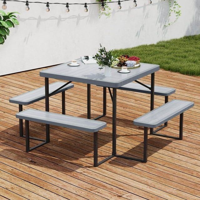 Costway Picnic Table Bench Set for 4-8 People with Umbrella Hole All-Weather HDPE Tabletop Gray